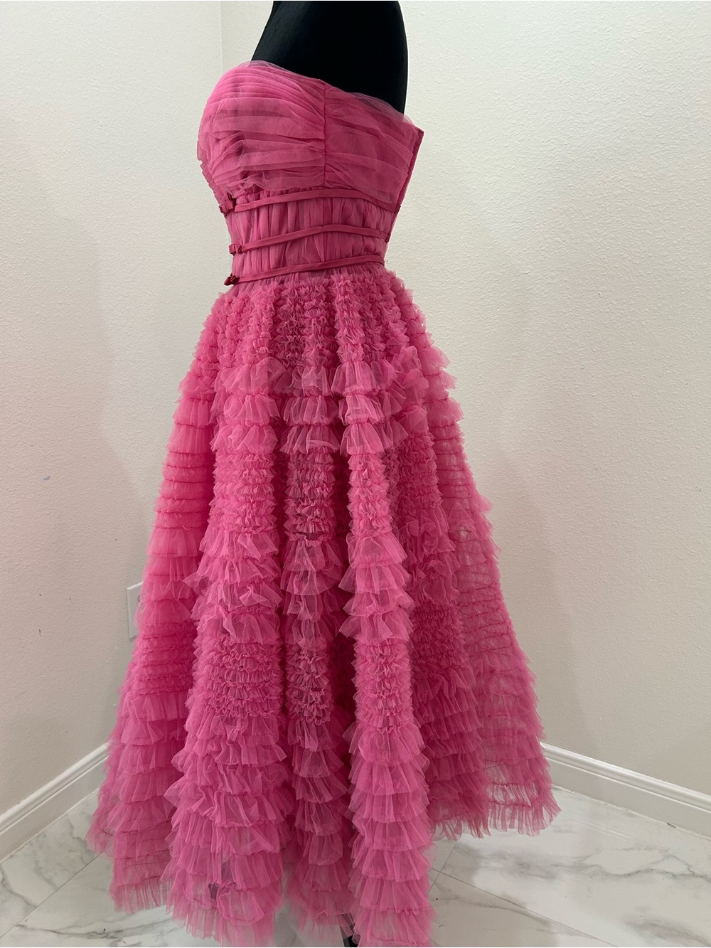 Clifton Wilhite Vintage 1960’s Pink Ruffled Tulle Strapless Midi Dress - Picture 4 of 11